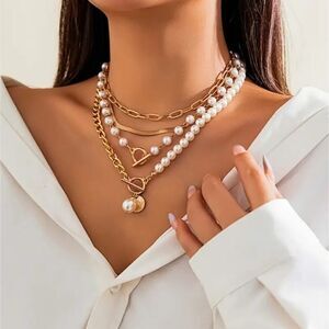 4 Pieces Set Golden Chain Lab Pearl Decor Pendant Necklaces